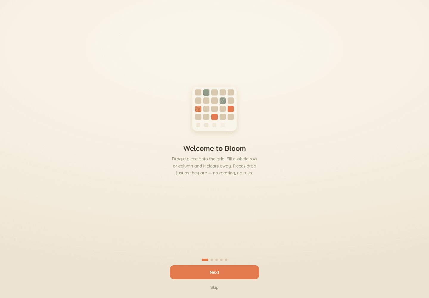 Bloom's onboarding screen showing the puzzle grid and welcome message