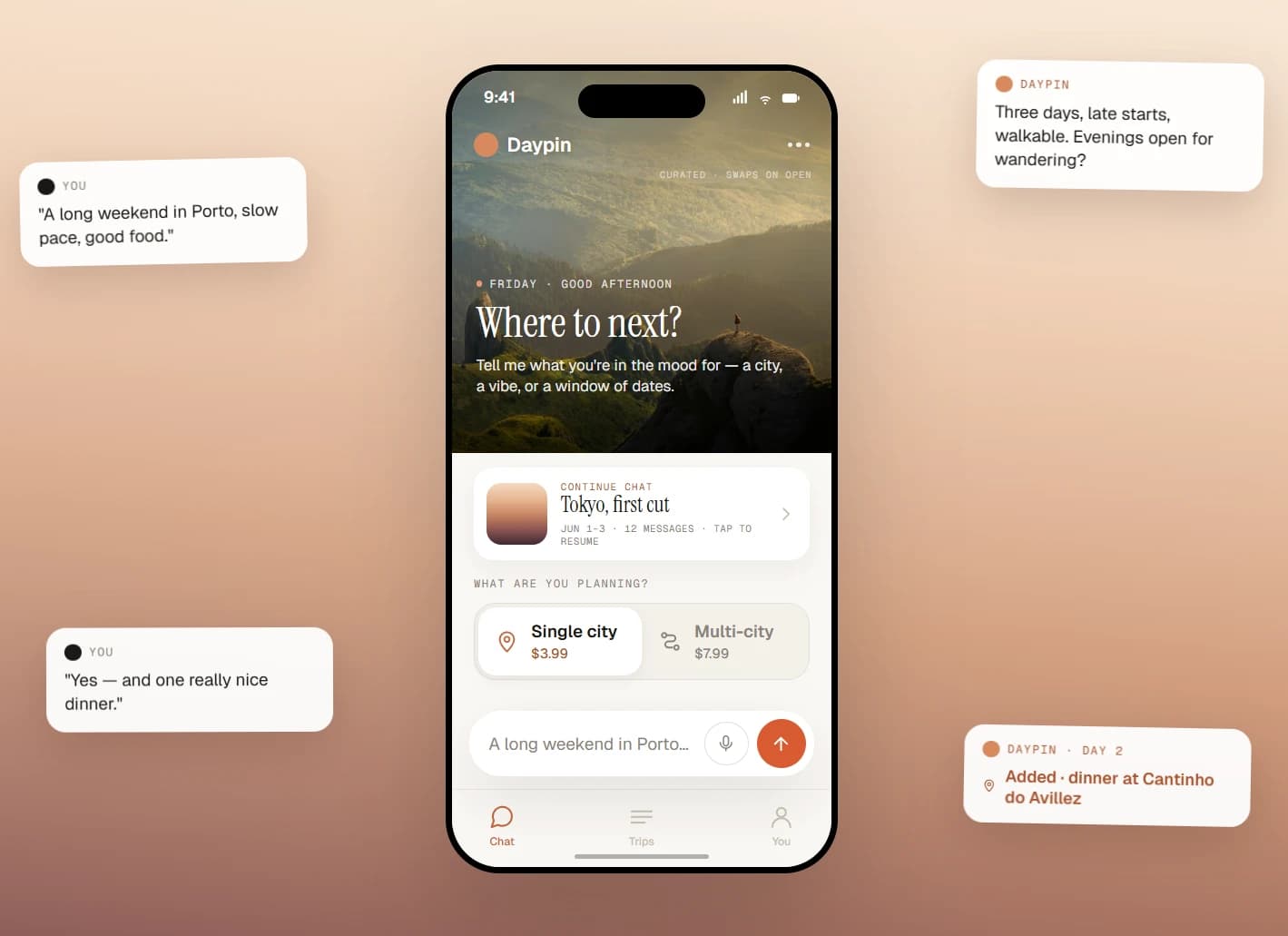 Daypin's home screen showing a conversational trip-planning chat, with example prompts and a saved itinerary